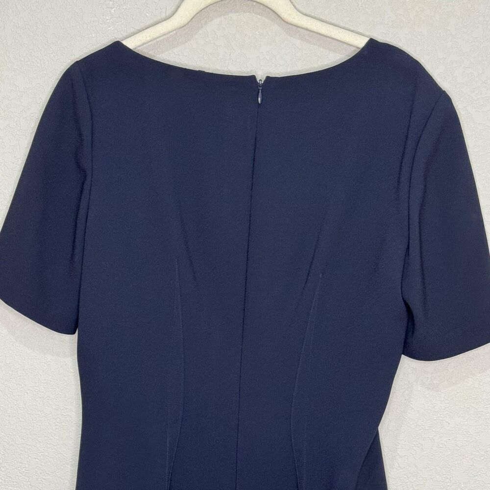 Elie Tahari Dress Size 6 Navy Blue Leather Asymmetrical Neck Sheath Knee Length - Picture 10 of 11